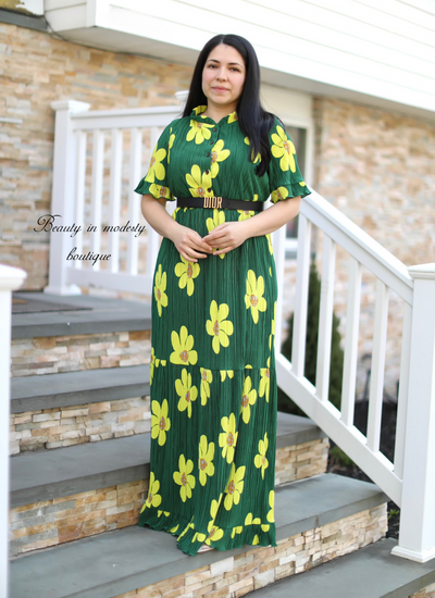 Pleated Green Floral Maxi Dress