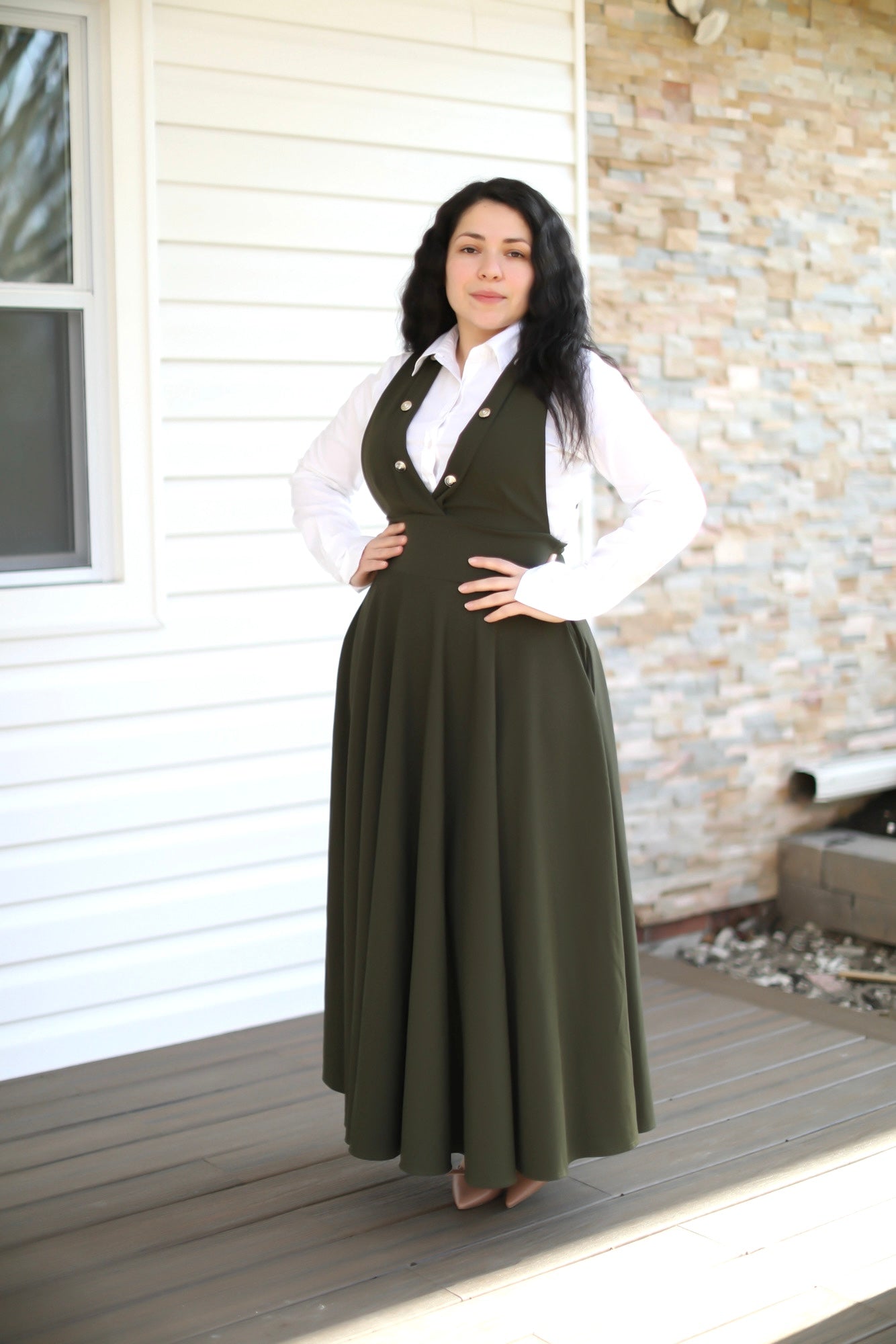 Olive Pinafore Jumper Maxi Dress