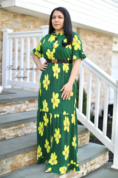 Pleated Green Floral Maxi Dress