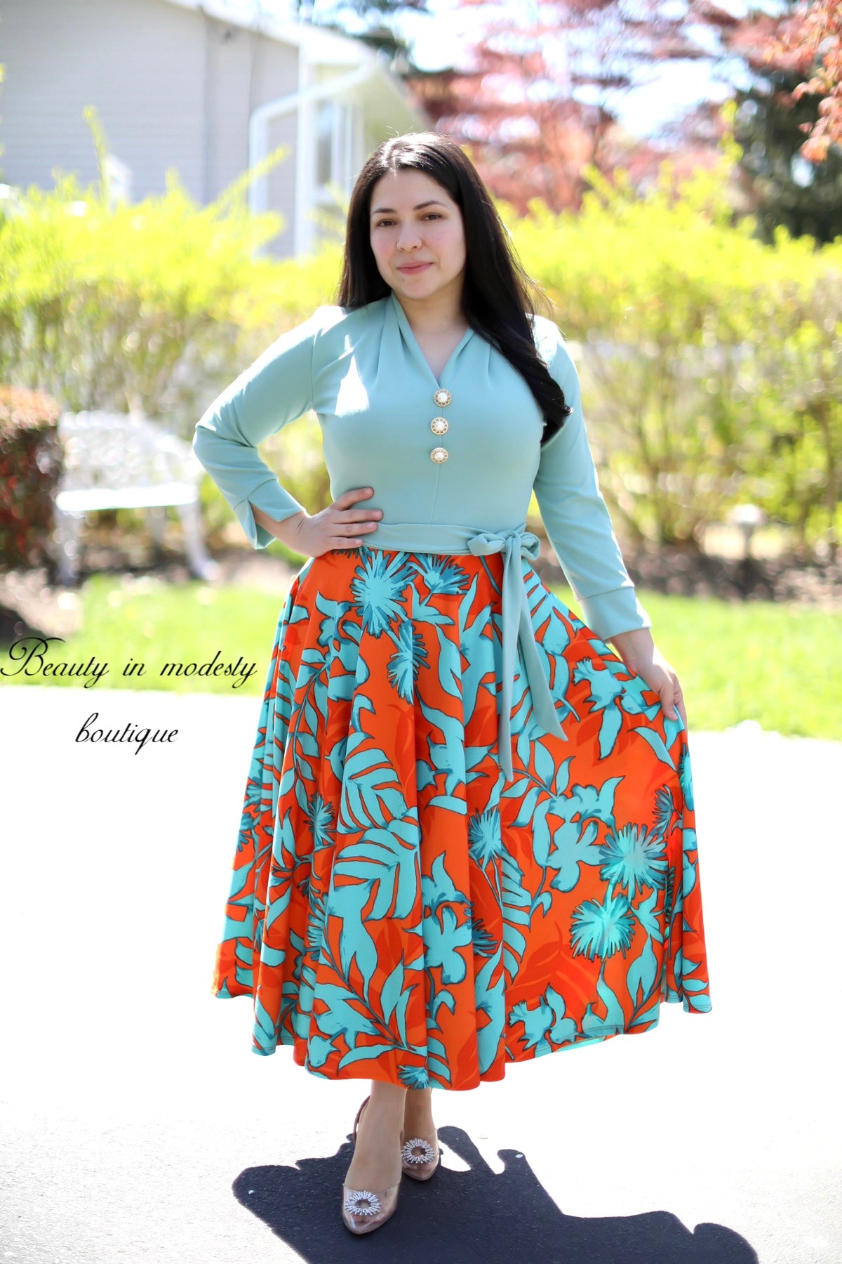 Ariella Mint / Orange Midi Dress