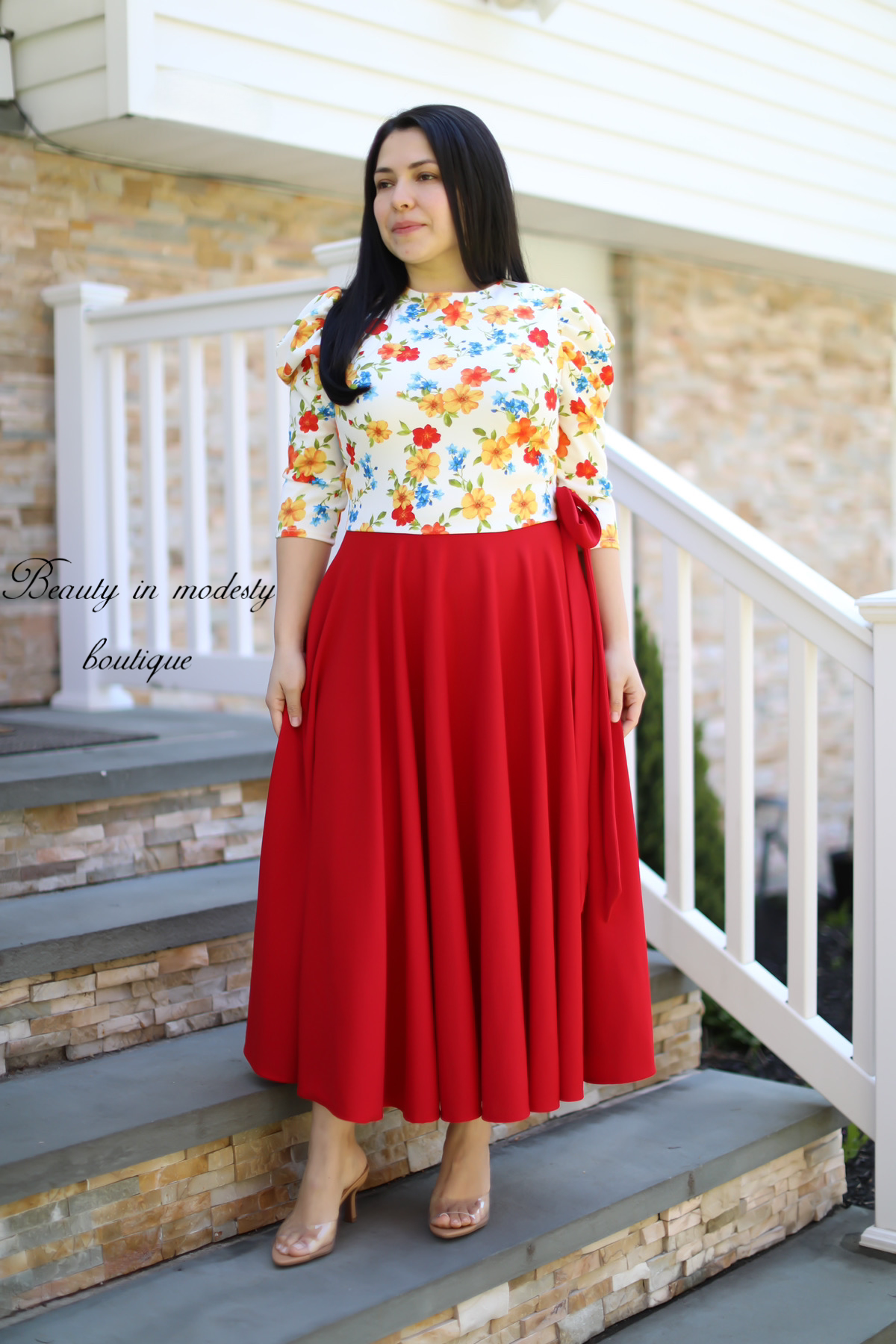 Liss Ivory Floral / Red Midi Dress
