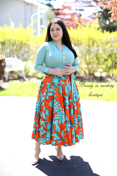 Ariella Mint / Orange Midi Dress