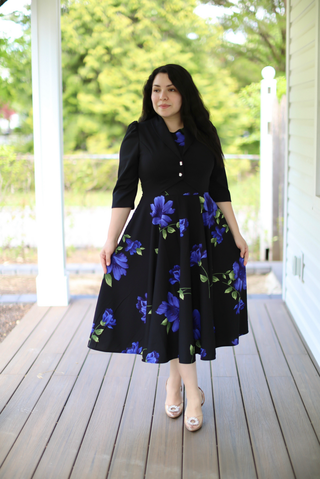blue and black midi dress Navy Printed Tiered Midi Dress