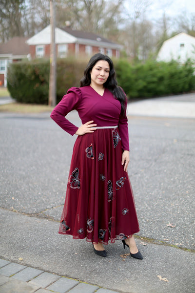 Burgundy Tulle Maxi Dress