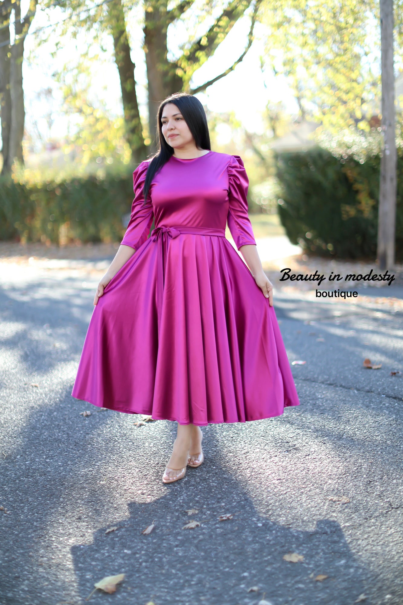 Magenta Satin Midi Dress