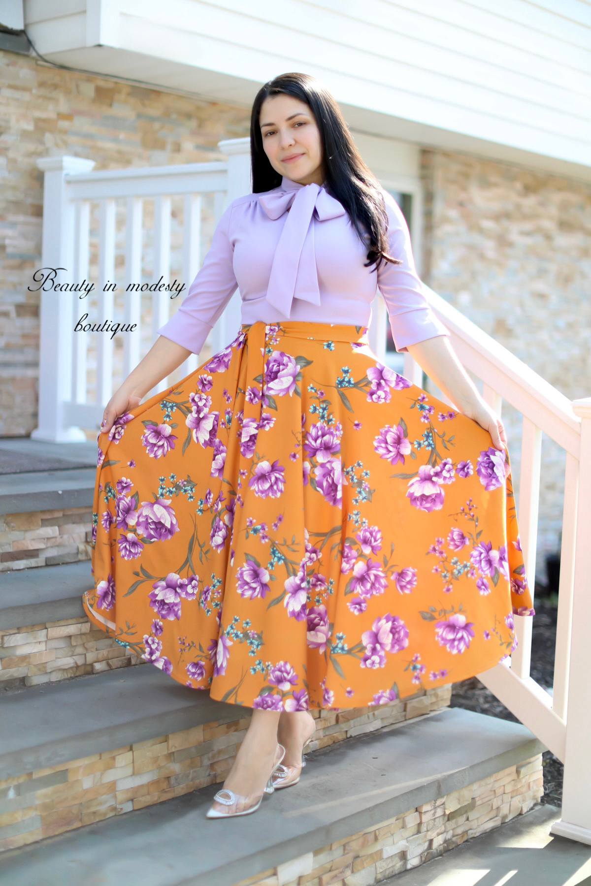 Abelina Lilac / Mustard Floral Midi Dress