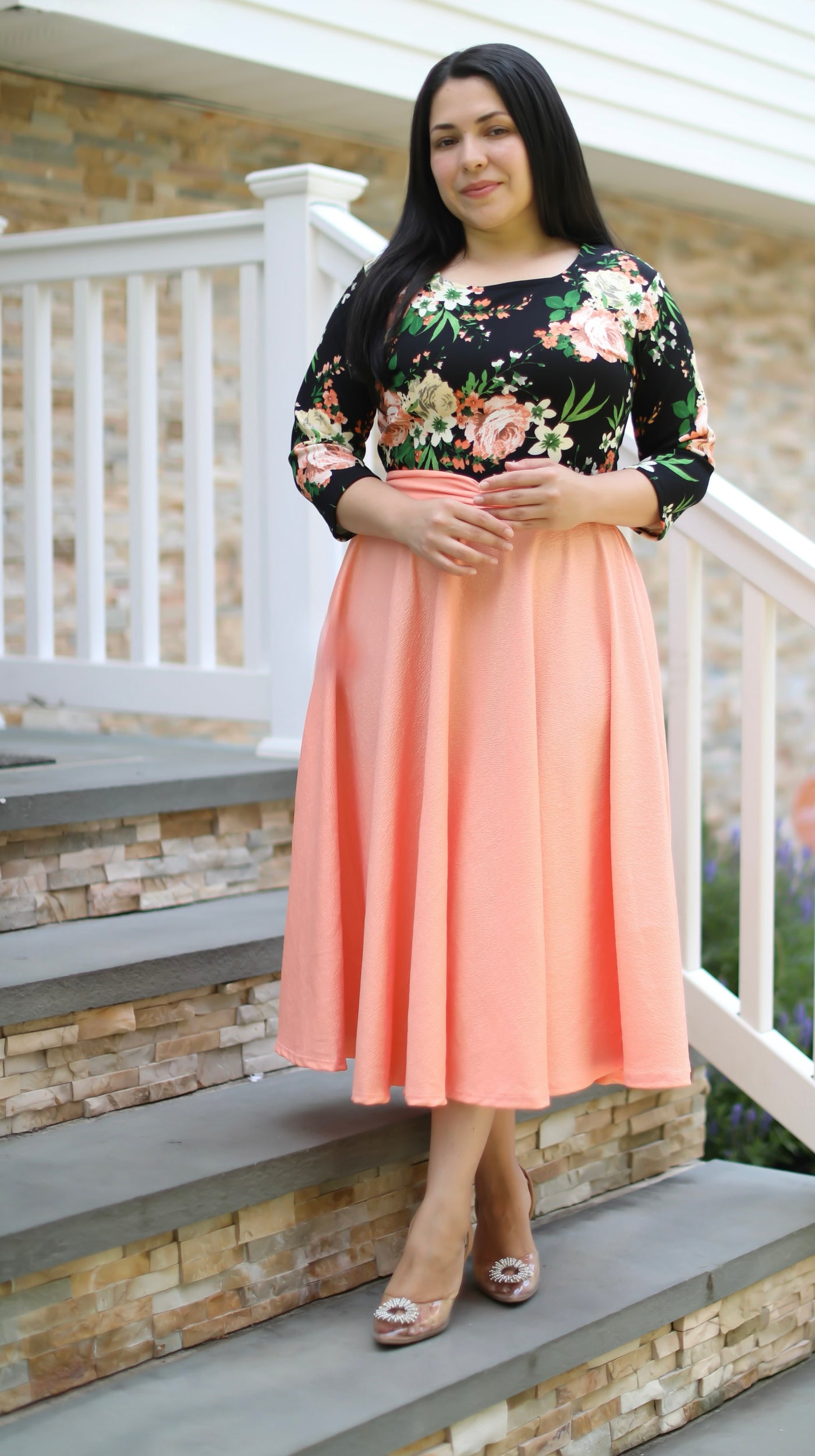 Patricia Black Floral Peach Midi Dress