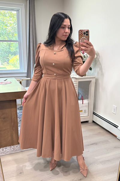 Khaki Gold Buttons Maxi Dress