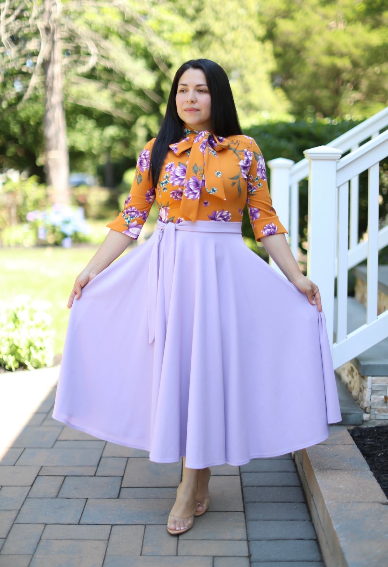 Abelina Mustard Floral / Lilac Midi Dress