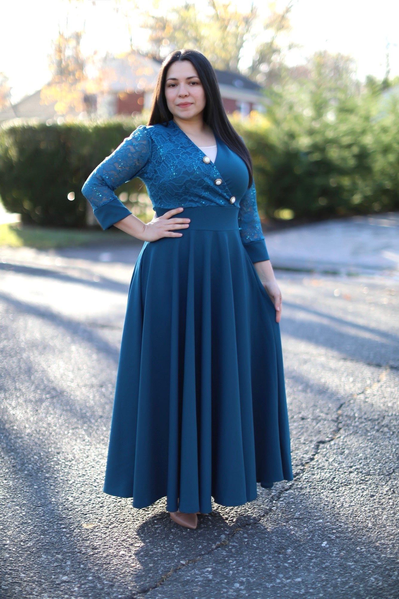 Lace Elegance Teal Maxi Dress