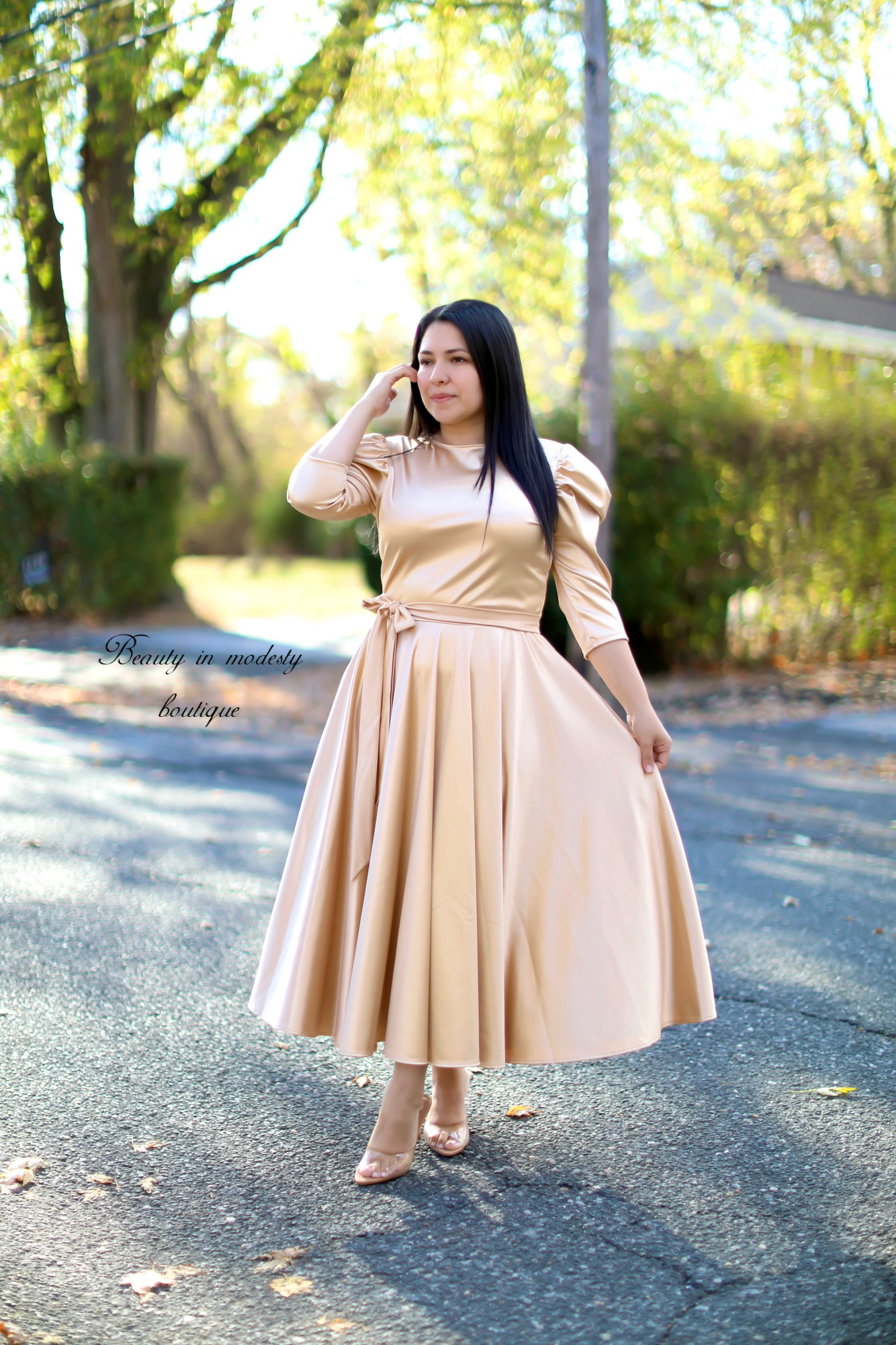 Champagne Satin Midi Dress