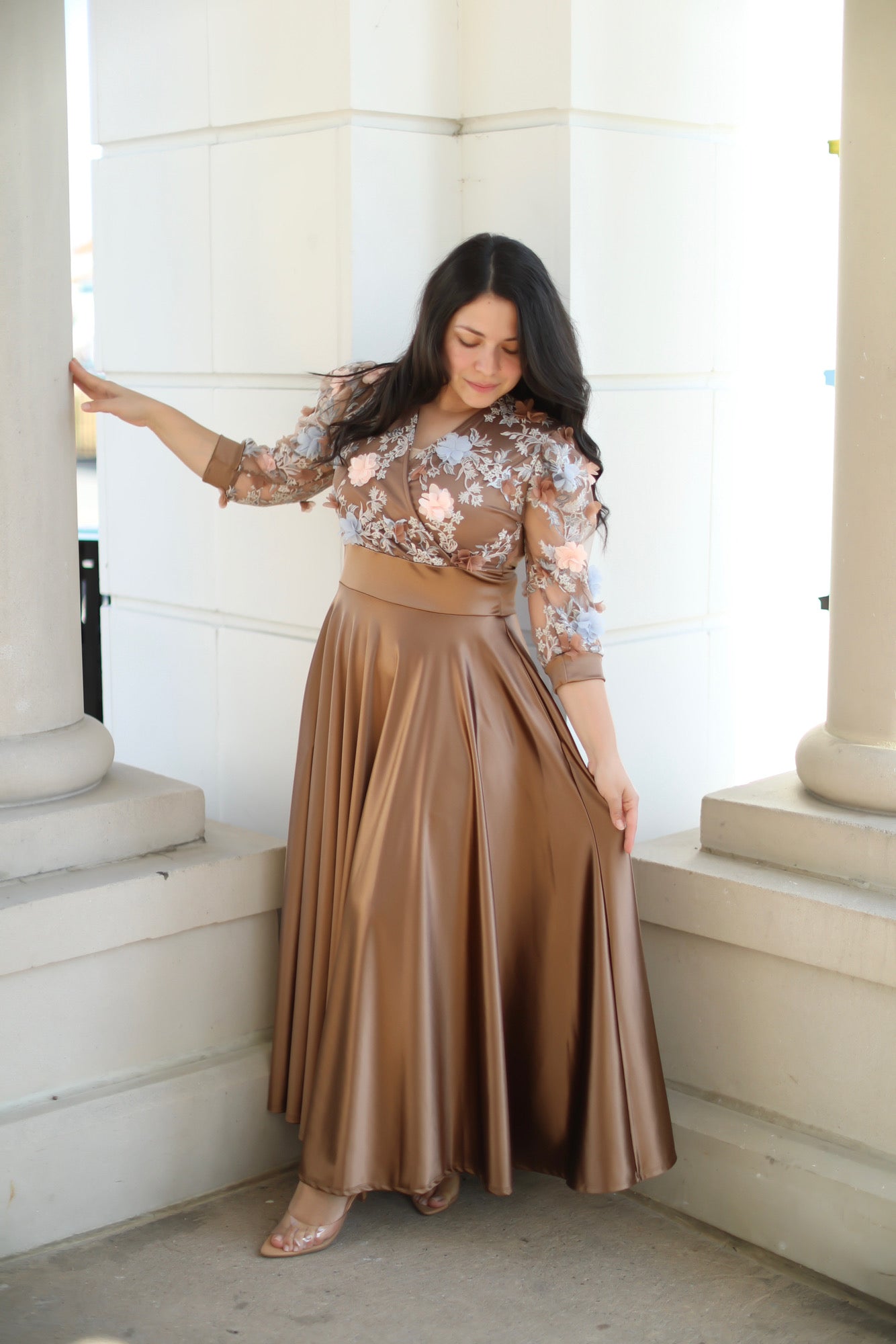 Sofia Caramel Appliqué Maxi Dress