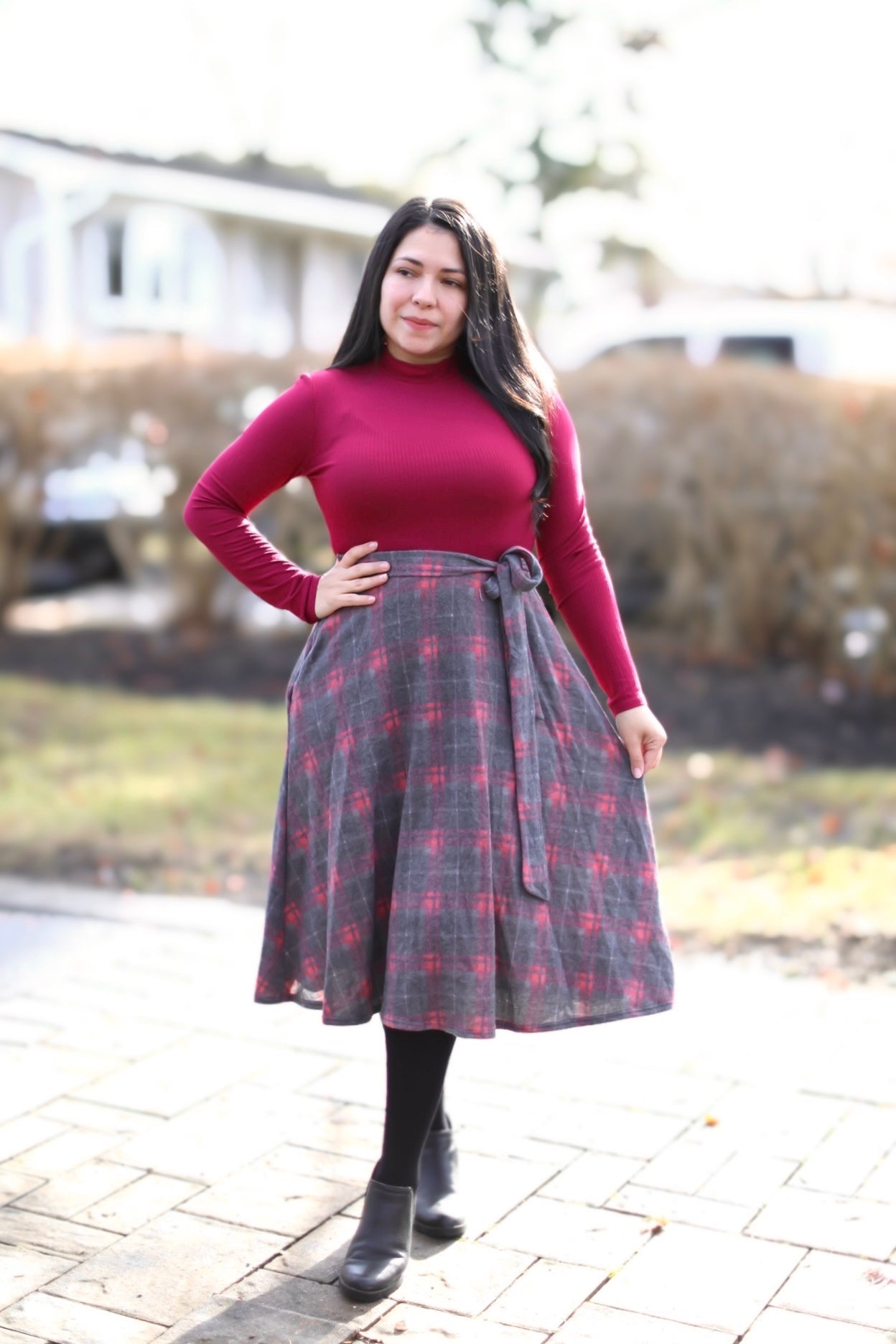 Kinsley Red Grey Midi Dress