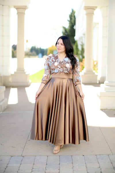 Sofia Caramel Appliqué Maxi Dress