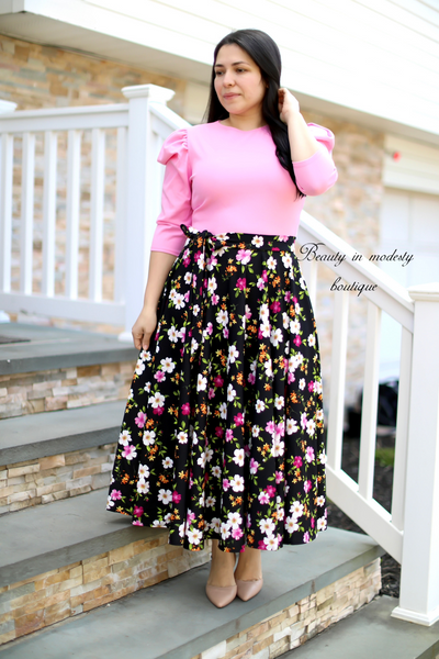 Liss Pink / Black Floral Midi Dress
