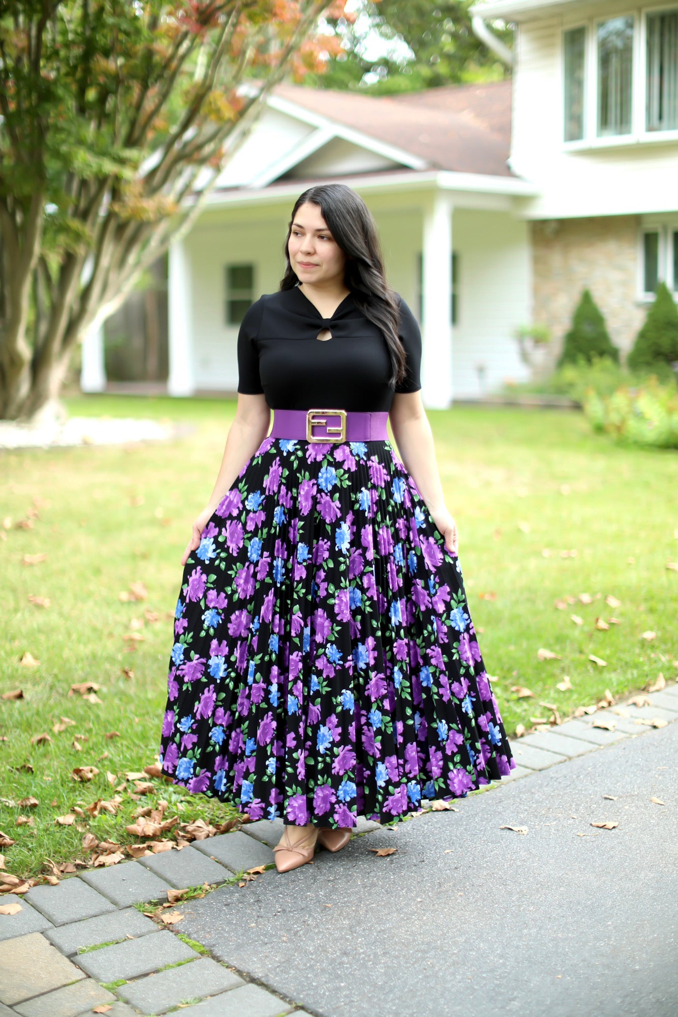 Black Purple Pleated Maxi Dress