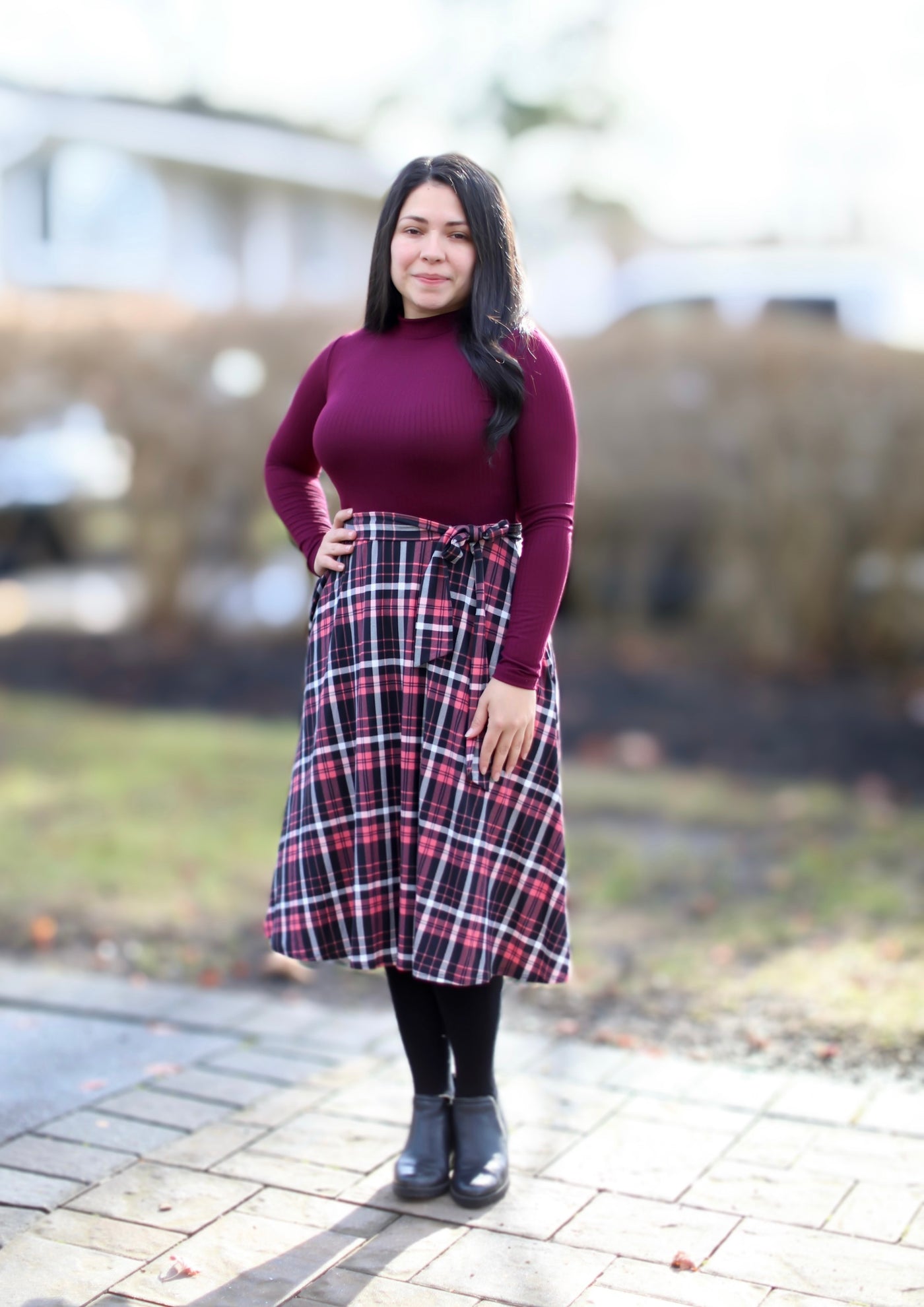 Kinsley Burgundy Plaid Midi Dress