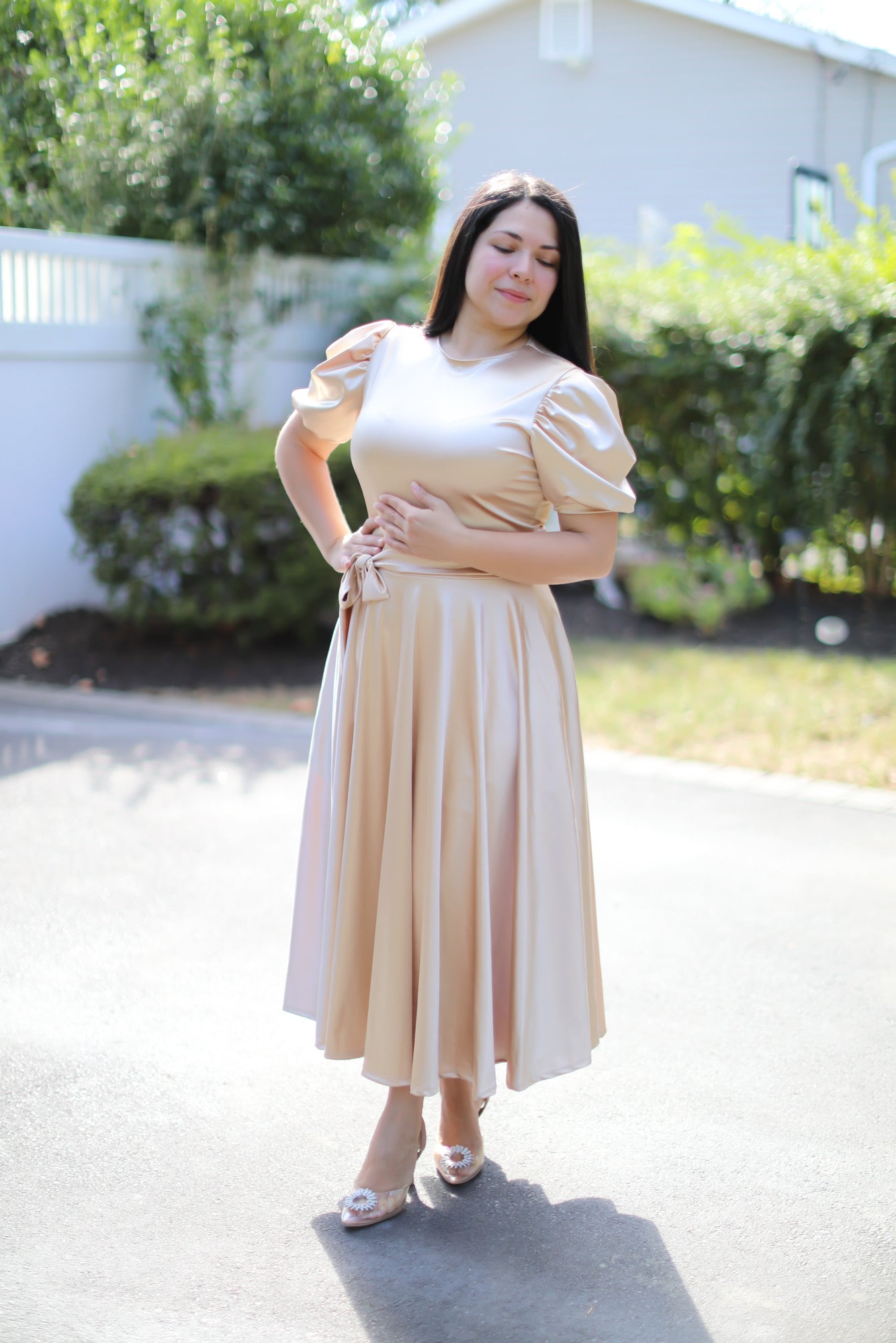 Litzy Satin Champagne Midi Dress