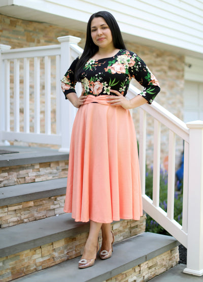 Patricia Black Floral Peach Midi Dress