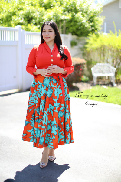 Ariella Orange / Mint Midi Dress