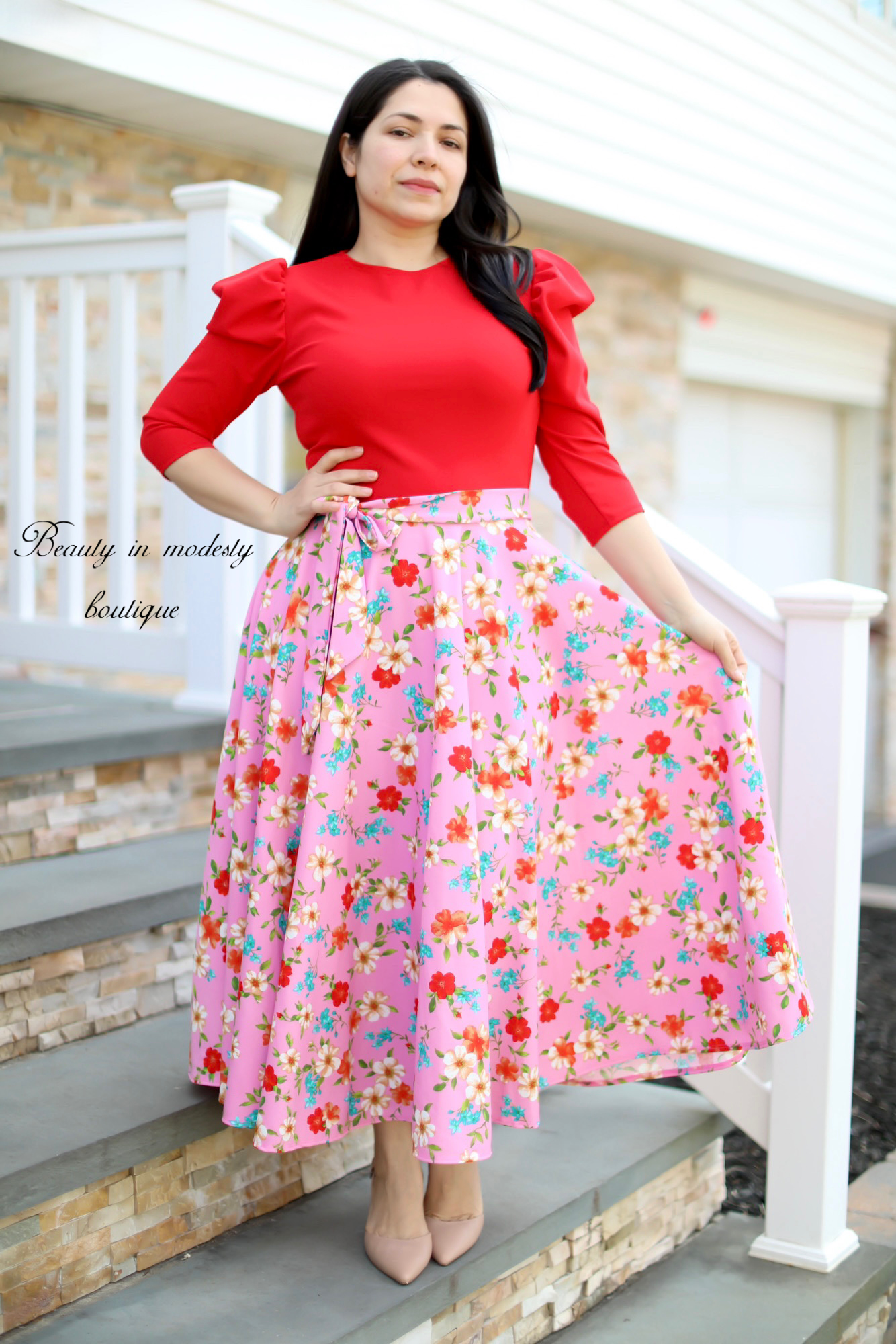 Liss Red / Pink Floral Midi Dress