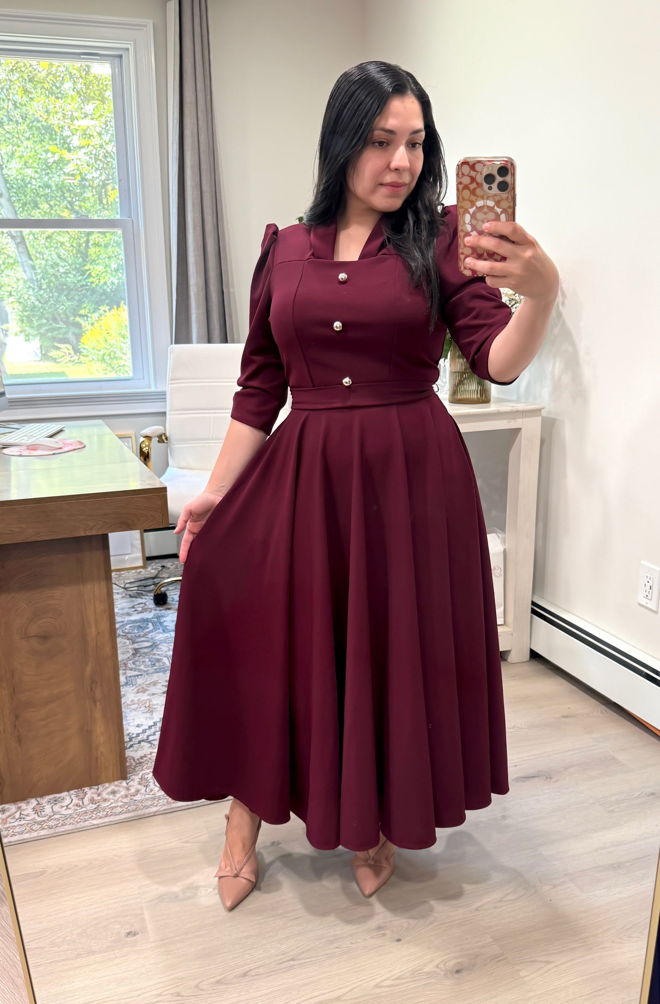 Burgundy Gold Buttons Maxi Dress