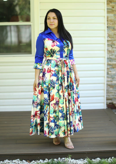Blue Cream Satin Maxi Dress