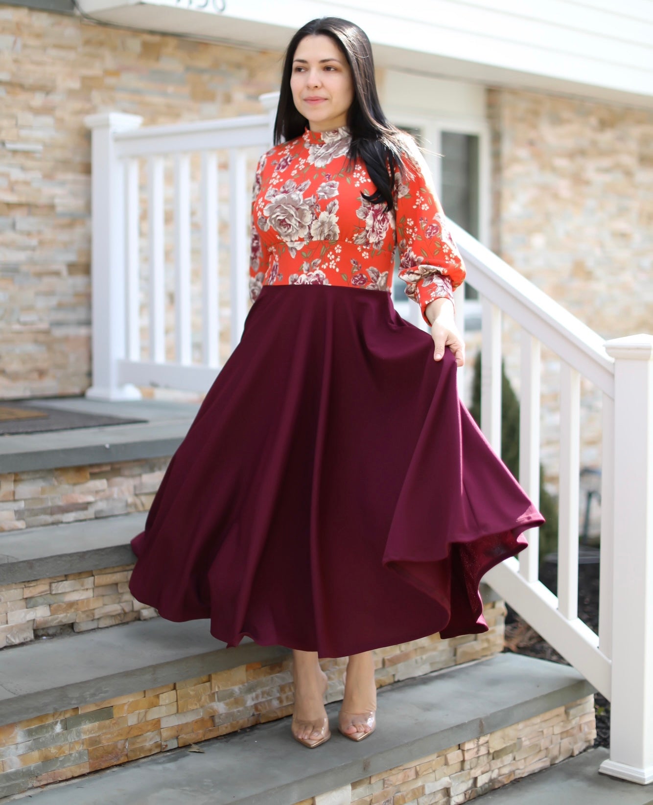 Princess Floral Burgundy Midi Dress