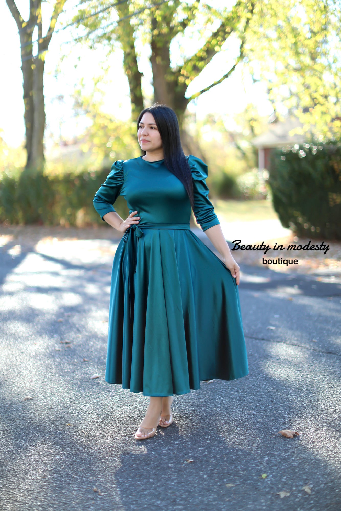 Teal Satin Midi Dress