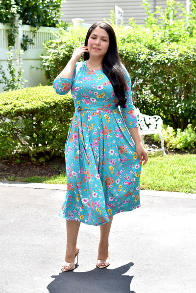 Aime Teal Floral Midi Dress