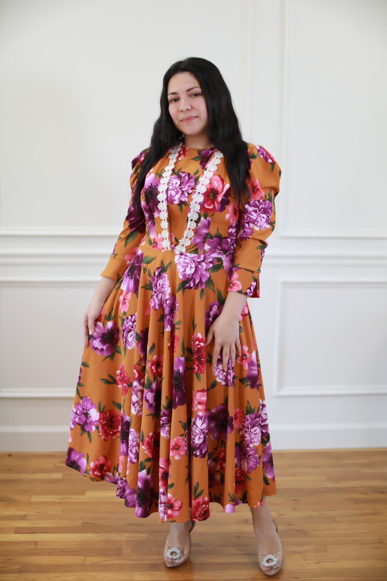 Davinia Mustard Floral Midi Dress