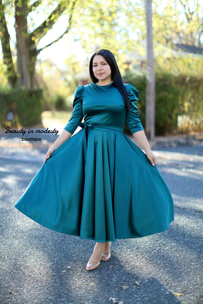 Teal Satin Midi Dress