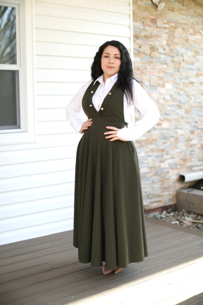 knee length dresses for ladies Olive Pinafore Jumper Maxi Dress – Beauty In Modesty Boutique