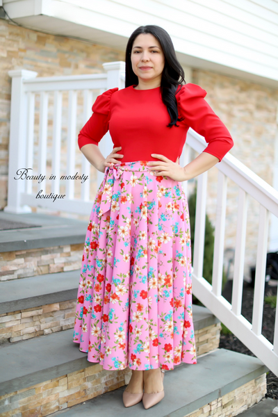 Liss Red / Pink Floral Midi Dress