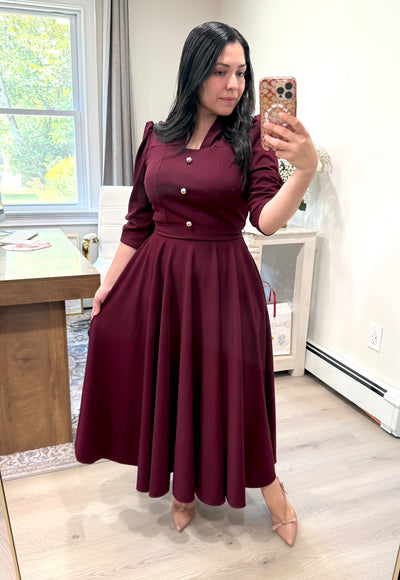 Burgundy Gold Buttons Maxi Dress
