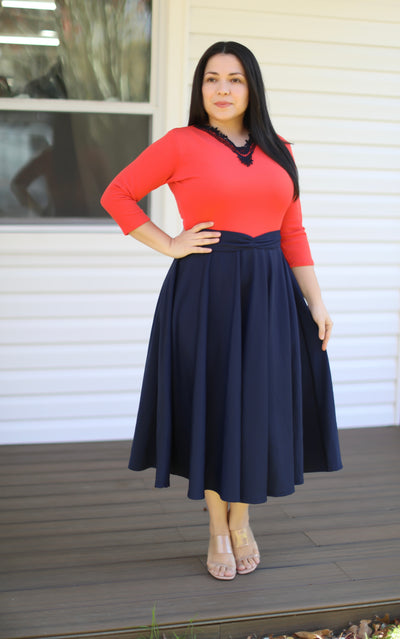 Orange Navy Midi Dressa