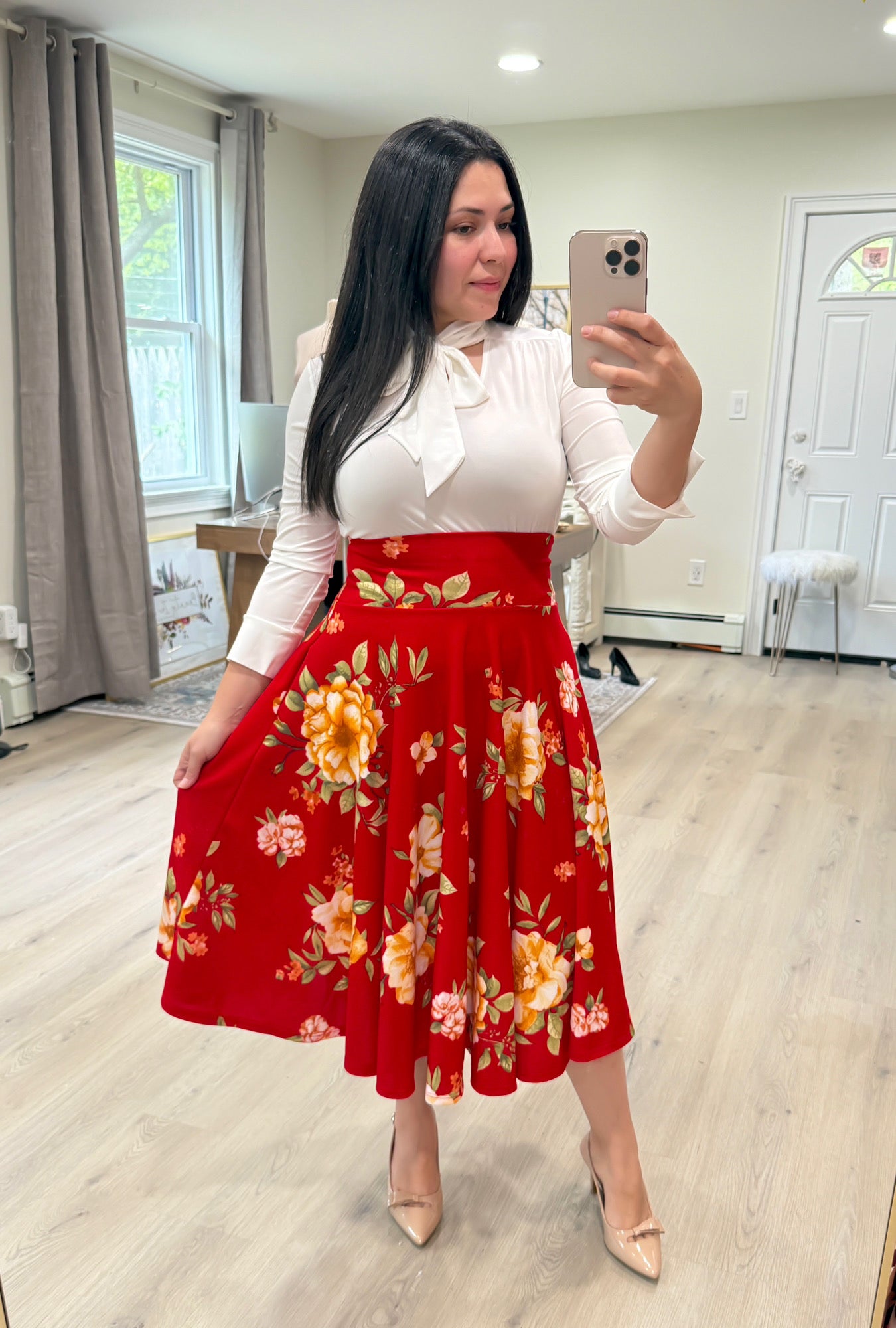 Red Floral Midi Skirt