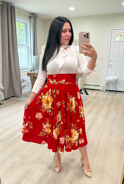Red Floral Midi Skirt