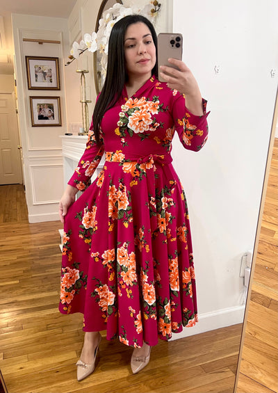 Ariella Floral Fuscia Midi Dress