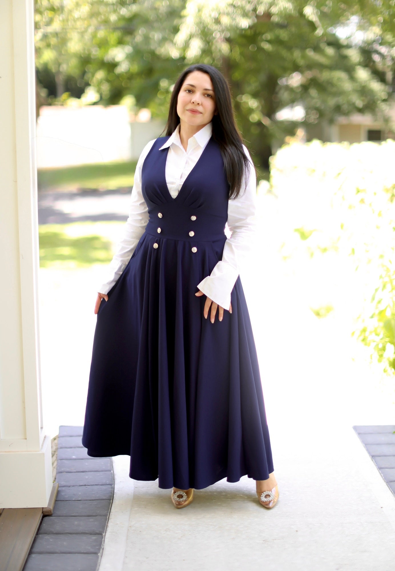 overall maxi dress Navy Jumpers – Beauty In Modesty Boutique Hand Wash Cold NA-09.25.25AM Set Option:Dress/Flower Sash Little Black Amazon Dress