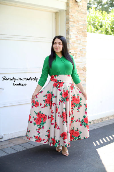 Beige Floral Maxi Skirt