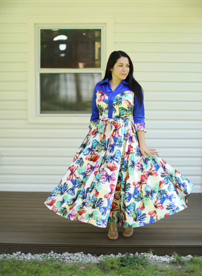 Blue Cream Satin Maxi Dress
