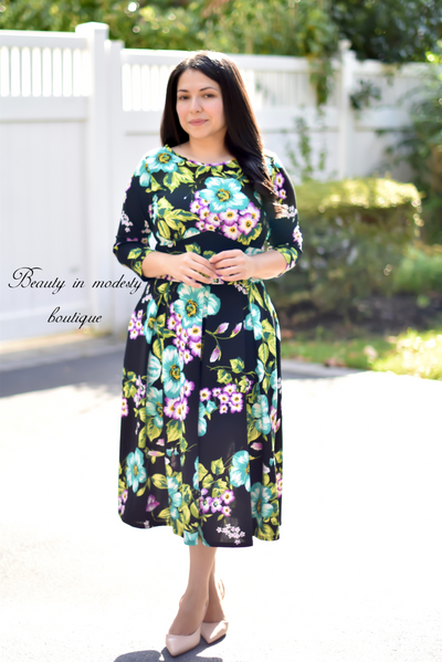 Sania Black Floral Midi Dress