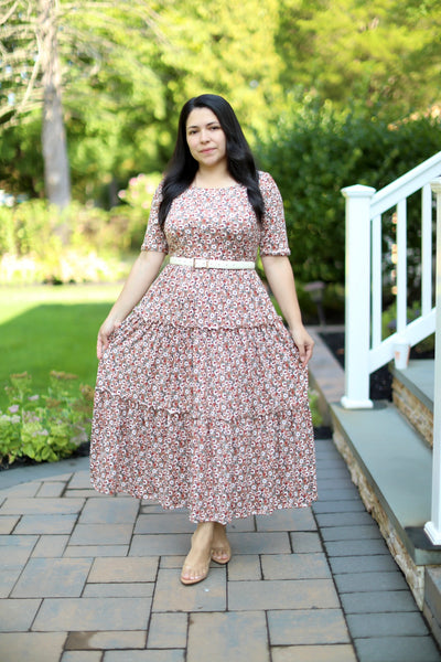 Primavera Brown Floral Midi Dress