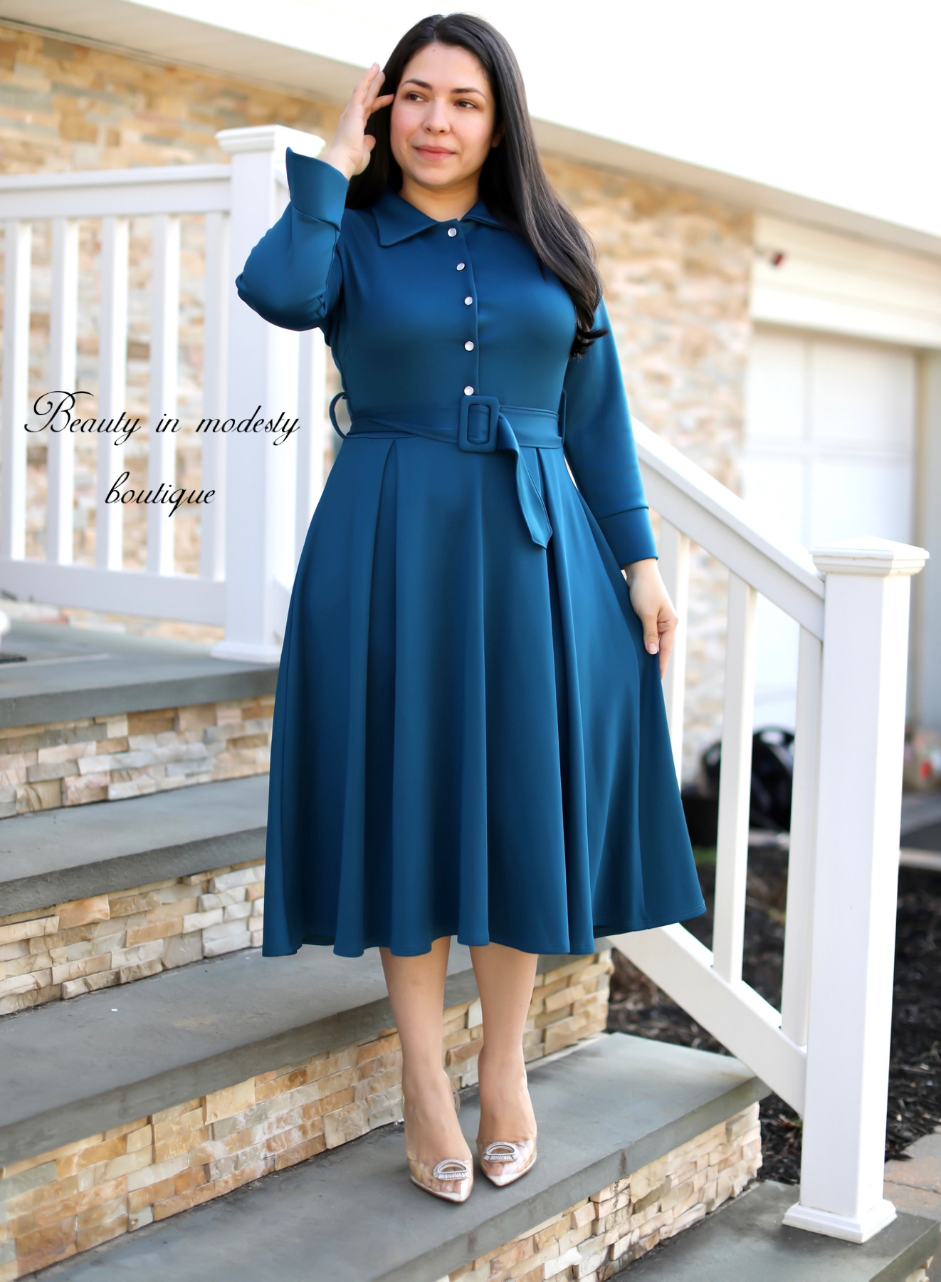 Teal Buttons Midi Dress