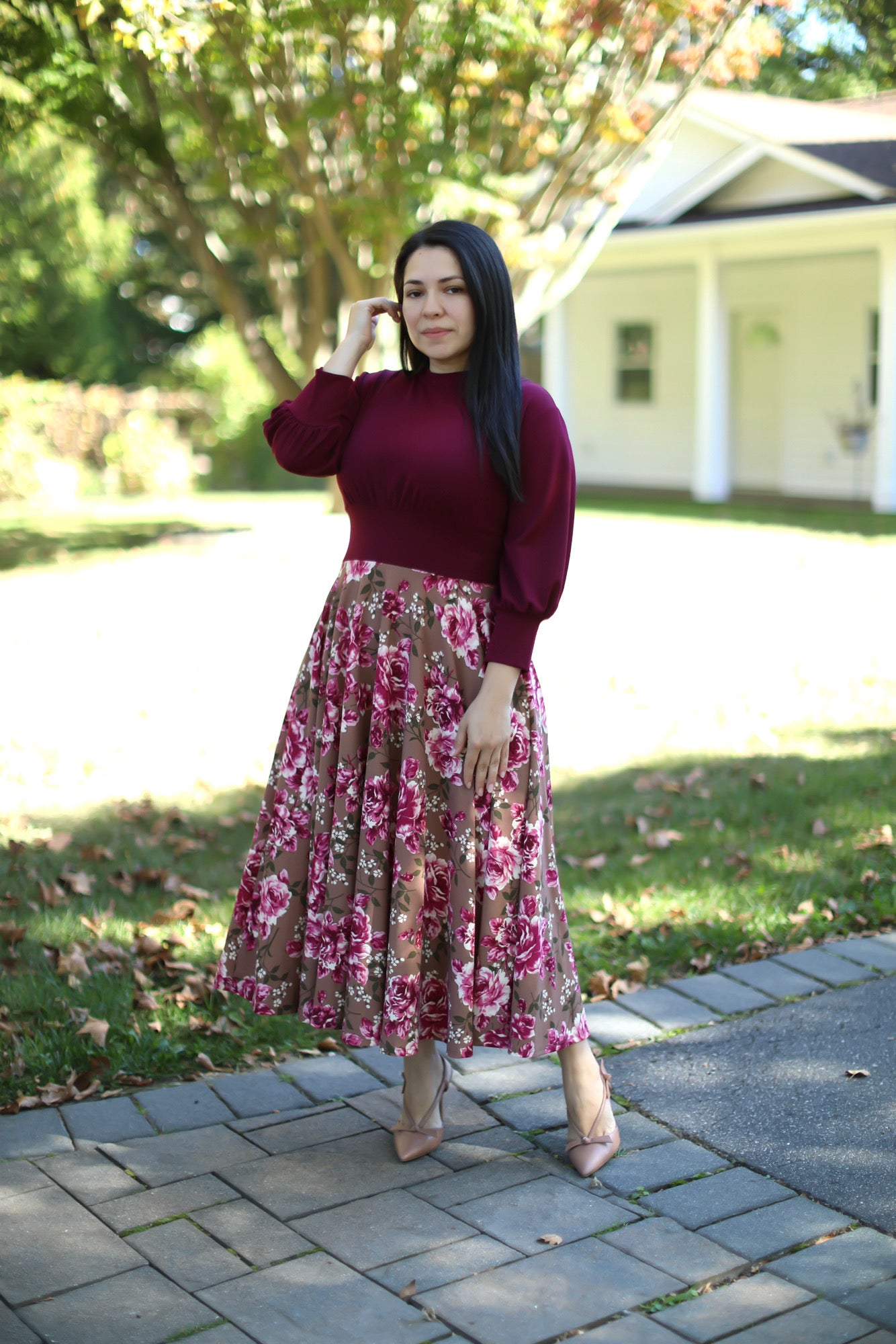 Princess Burgundy Floral Midi Dress