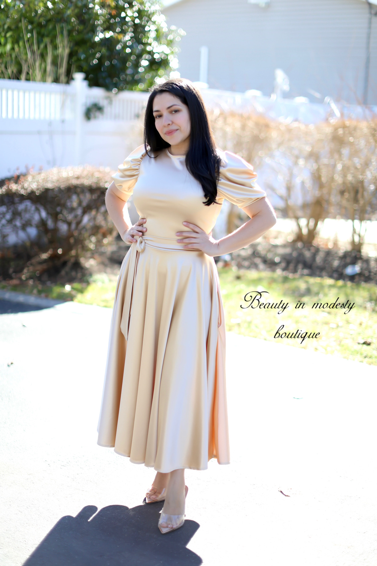 Litzy Satin Champagne Midi Dress