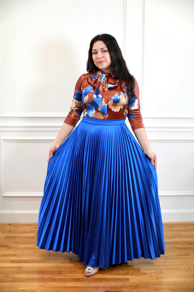 Raquel Cognac / Blue Pleated Maxi Dress