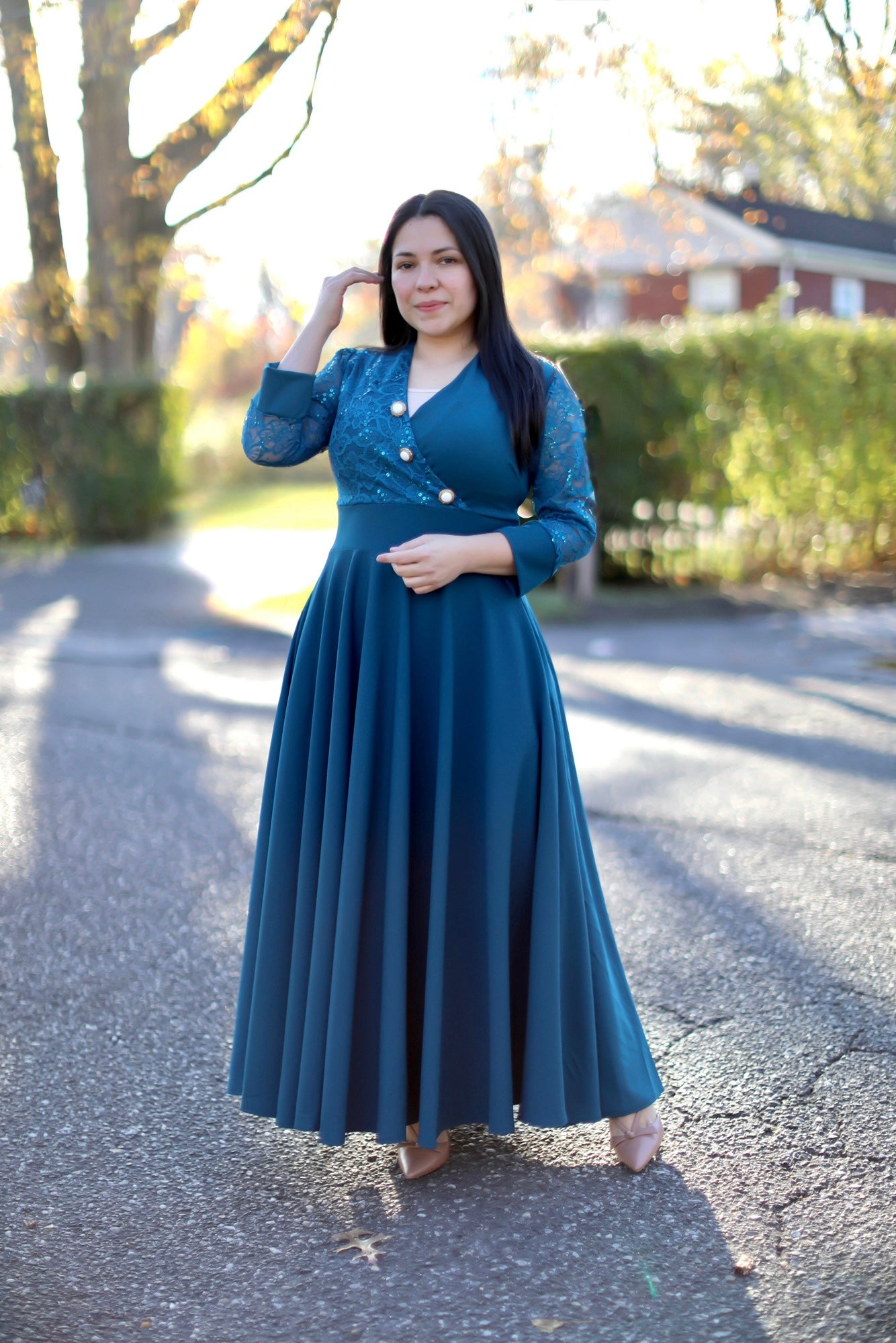Lace Elegance Teal Maxi Dress