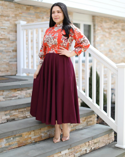 Princess Floral Burgundy Midi Dress